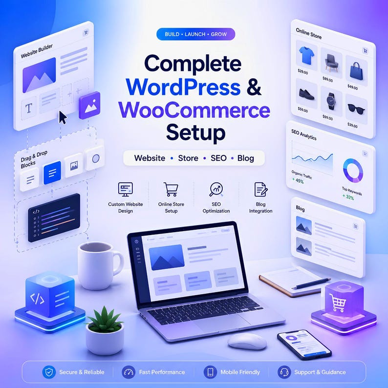 Peut inclure: Un graphique num&eacute;rique affichant Complete WordPress & WooCommerce Setup avec des ic&ocirc;nes pour la conception de sites, la boutique, le SEO et le blog. La mise en page inclut un ordinateur portable, des panneaux d'interface, une tasse et un smartphone.