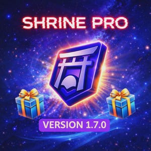 Puede incluir: Un gráfico digital con el texto "SHRINE PRO" en neón rojo. Un emblema azul y morado con un diseño de puerta Torii japonesa está centrado. Dos cajas de regalo azules con cintas doradas flanquean el emblema. El texto "VERSION 1.7.0" está debajo.