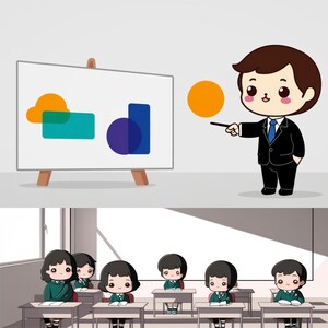 May include: Cartoon illustration of a teacher in a black suit pointing at a whiteboard with colorful shapes. The whiteboard is on a wooden easel. Below, students sit at desks in a classroom setting.