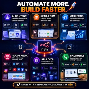 May include: An infographic titled AUTOMATE MORE. BUILD FASTER. featuring a central n8n logo connected to five workflow modules: AI Content, Lead & CRM, Marketing, Social Media, and API & Data, each displaying icons, process flows, and laptop screens.