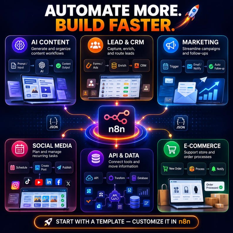 May include: An infographic titled AUTOMATE MORE. BUILD FASTER. featuring a central n8n logo connected to five workflow modules: AI Content, Lead & CRM, Marketing, Social Media, and API & Data, each displaying icons, process flows, and laptop screens.