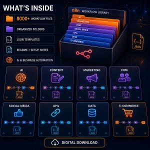 May include: A digital n8n workflow library featuring a file organiser with tabs labelled AI, Marketing, CRM, Social Media, APIs, Data, and E-commerce. Below are eight glowing neon-style cards representing these categories, each with icons and JSON file symbols. Text includes WHAT'S INSIDE, 8000+ WORKFLOW FILES, and DIGITAL DOWNLOAD.