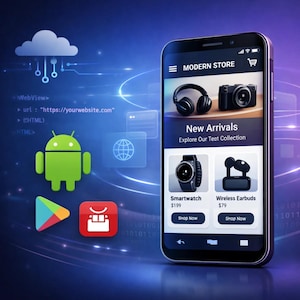 Op de afbeelding: Een smartphone toont een 'Modern Store'-interface met nieuwe producten, waaronder een smartwatch en draadloze oordopjes. Het scherm toont een cloud-icoon, het Android-logo en een winkelwagen. De achtergrond is een blauw-paarse gradiënt.