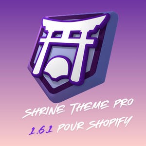 Può includere: Un rendering 3D di un'icona del cancello Torii viola e bianca, su uno sfondo viola sfumato. Il testo "SHRINE THEME PRO" e "1.61 POUR SHOPIFY" è visualizzato in bianco e viola.