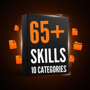 May include: A black rectangular box with the orange text 65+ and white text SKILLS 10 CATEGORIES printed on the front. The box is surrounded by floating orange document and folder icons against a dark background with glowing light accents.