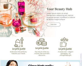 Canvaの美容ウェブサイトテンプレート、ワンページコスメ＆スキンケアテンプレート、ビューティーサロンとまつげサロン向けのモダンなデザイン、編集可能なドラッグアンドドロップウェブサイト