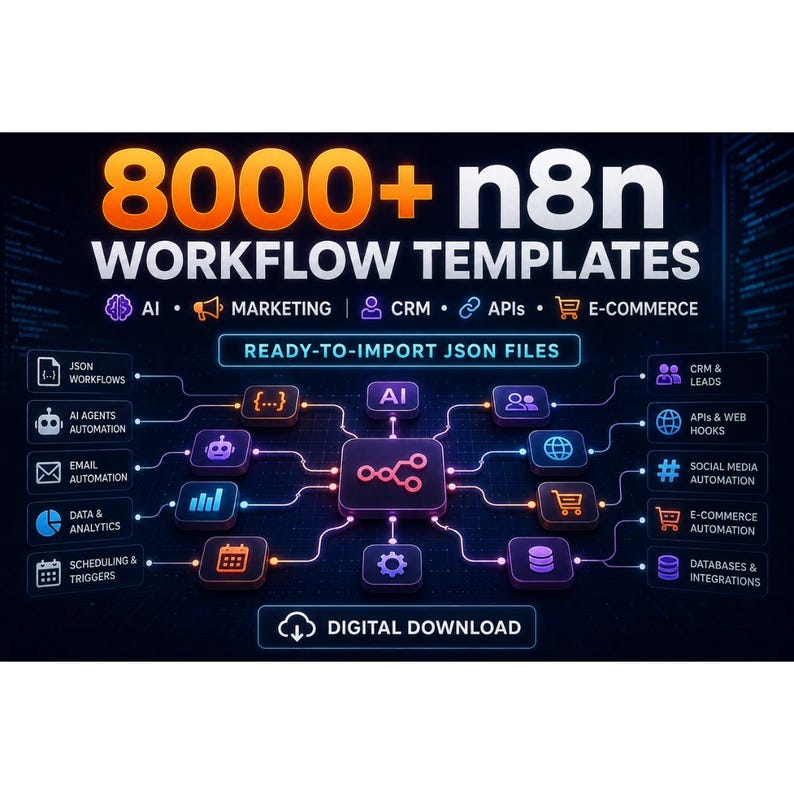 May include: A digital graphic displaying 8000+ n8n WORKFLOW TEMPLATES with categories including AI, MARKETING, CRM, APIs, and E-COMMERCE. The design features a central node connected to various icons representing automation, data, and digital download.