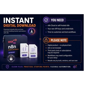 May include: A digital product graphic for an n8n workflow bundle. It features a dark background with text including INSTANT DIGITAL DOWNLOAD, YOU NEED, and PLEASE NOTE. Icons show a zip folder, JSON and README files, and a secure download badge.