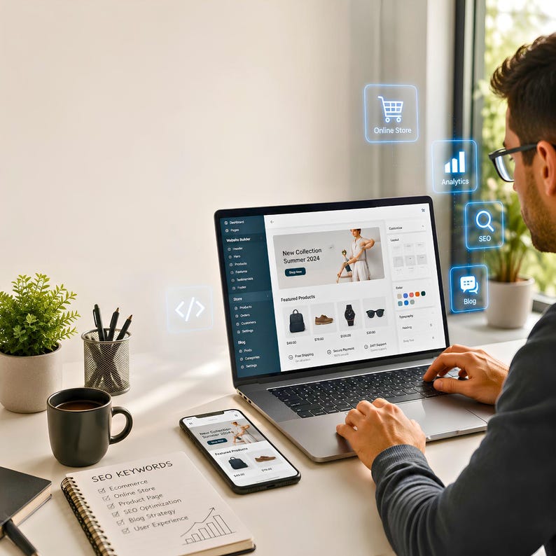 Peut inclure: Un ordinateur portable argent&eacute; affichant une interface de cr&eacute;ation de site e-commerce avec une banni&egrave;re New Collection Summer 2024, un smartphone, un carnet avec des mots-cl&eacute;s SEO, une tasse noire et un pot &agrave; crayons avec des ic&ocirc;nes num&eacute;riques.
