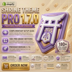 Può includere: Un grafico digitale per Shrine Theme Pro 1.7.0 con un emblema a forma di porta torii viola e bianco. Il testo include la compatibilità con Shopify, oltre 180 sezioni professionali, un design orientato alla conversione e un pulsante.