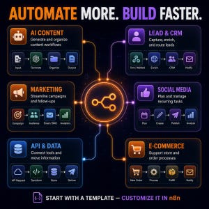 May include: A dark infographic titled AUTOMATE MORE. BUILD FASTER. featuring six glowing rounded rectangular modules connected to a central hub. Each module displays a category like AI CONTENT, MARKETING, LEAD & CRM, SOCIAL MEDIA, API & DATA, and E-COMMERCE with icons and workflow steps. Text at the bottom reads START WITH A TEMPLATE &mdash; CUSTOMIZE IT IN n8n.
