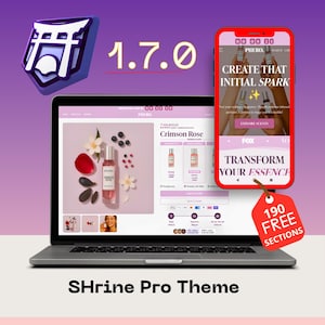 Op de afbeelding: Een laptop en smartphone met de SHrine Pro Theme 1.7.0 interface. De schermen tonen een productpagina voor Crimson Rose parfum met bloemaccenten en een rood label met de tekst 190 FREE SECTIONS. Het ontwerp heeft een paarse gradiënt achtergrond.