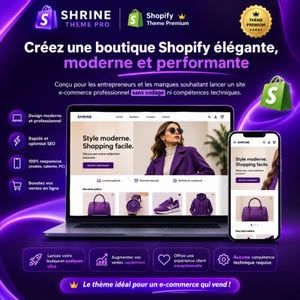 May include: A digital advertisement for Shrine Theme Pro for Shopify, featuring a laptop and smartphone displaying a website with a purple colour scheme. The screen shows a person in a purple blazer, a handbag, a watch, trainers, and a hoodie.