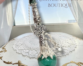 Spiritual Handmade Antique Silver Tree of Life Natural Malachite Gemstone Sphere Pendant Pendulum Necklace