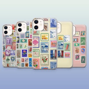 May include: Five phone cases decorated with a collage of vintage postage stamps. The stamps feature various designs, including flowers, landmarks, and portraits. The cases are in shades of pink, cream, and white.