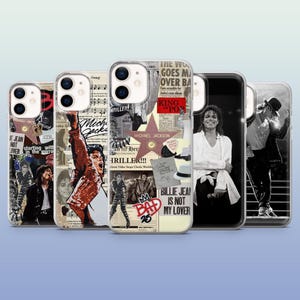 May include: Five smartphone cases showcasing images of Michael Jackson. The cases feature diverse designs, including collages with text, portraits, and iconic imagery. The cases have clear backs with black borders and are designed for a smartphone.