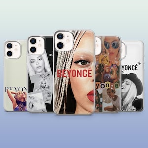 May include: A collection of clear phone cases featuring images of Beyoncé. The cases display various photos of the singer, including close-ups, collages, and text. The word "BEYONCE" is prominently displayed on one case.