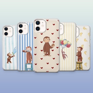 May include: Five clear phone cases with different designs featuring a cartoon monkey. The cases have various patterns, including stripes, hearts, and bananas. The monkey is depicted in different poses, holding objects like a toothbrush and balloons.