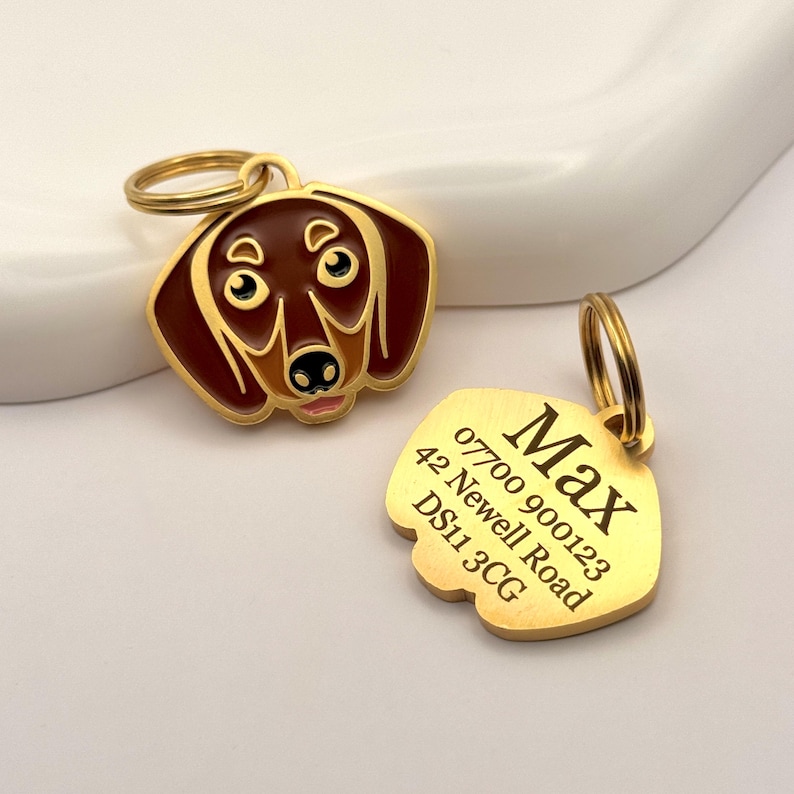 May include: Two gold-colored dog tags. One tag is shaped like a dachshund's head, with brown and tan enamel details. The other tag is gold with the name "Max" and contact information engraved. Both tags have a gold ring for attachment.