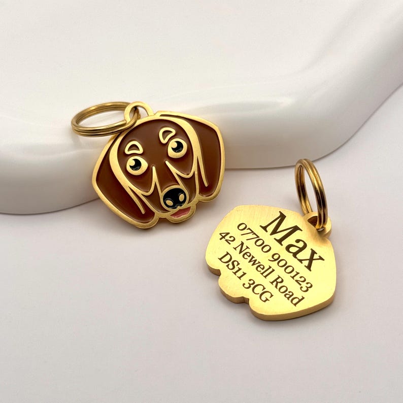May include: Two gold-colored dog tags. One tag is shaped like a dachshund's head, with brown and gold enamel. The other tag is gold and has the name "Max" and contact information engraved on it.