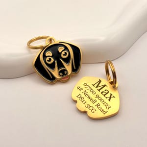 May include: Two gold-colored pet tags. One tag is shaped like a dachshund dog's head, with black and tan enamel. The other tag is gold-colored and has the name "Max" and contact information engraved on it.