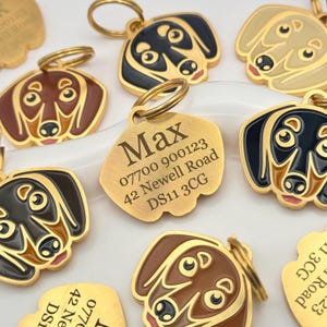 May include: Gold-colored pet tags with a dachshund design. The tags feature a detailed illustration of a dachshund's face in various colors, including black, brown, and tan. One tag is engraved with the name "Max" and contact information.