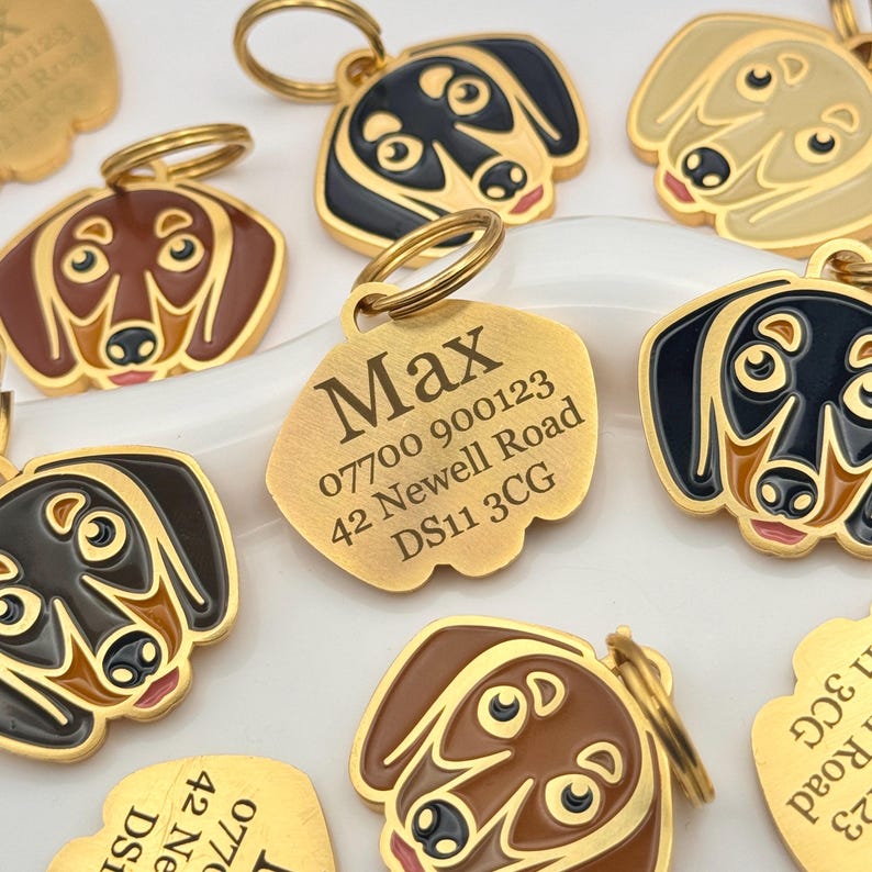 May include: Gold-colored pet tags with a dachshund design. The tags feature a detailed illustration of a dachshund's face in various colors, including black, brown, and tan. One tag is engraved with the name "Max" and contact information.