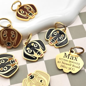 May include: Gold-colored dog tag charms in various colors, including brown, black, and tan, shaped like dachshunds. One tag has the name "Max" and contact information. The charms have a gold-colored ring for attachment.