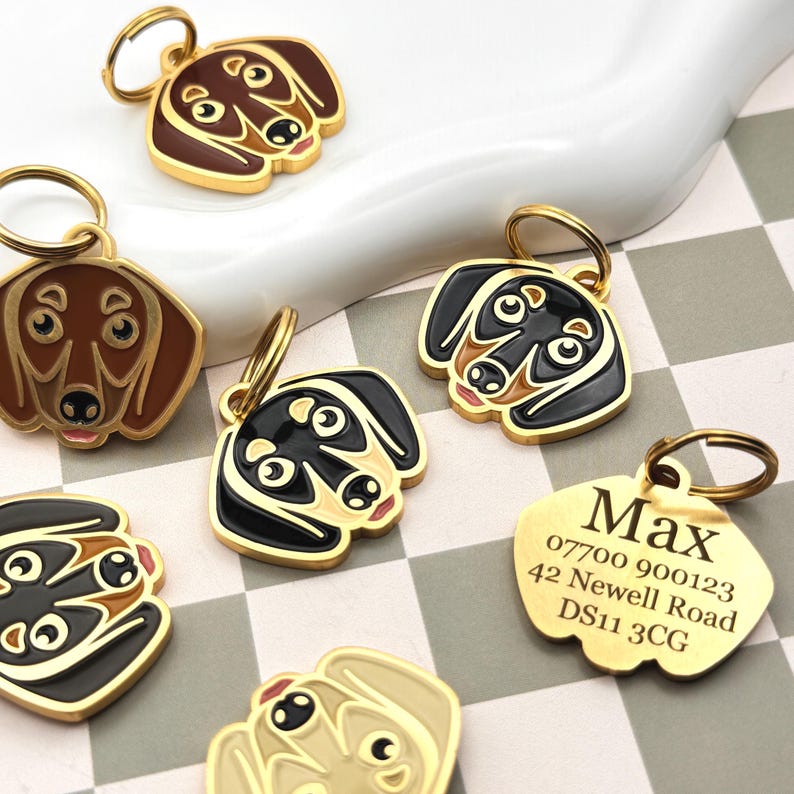 May include: Gold-colored dog tag charms in various colors, including brown, black, and tan, shaped like dachshunds. One tag has the name "Max" and contact information. The charms have a gold-colored ring for attachment.