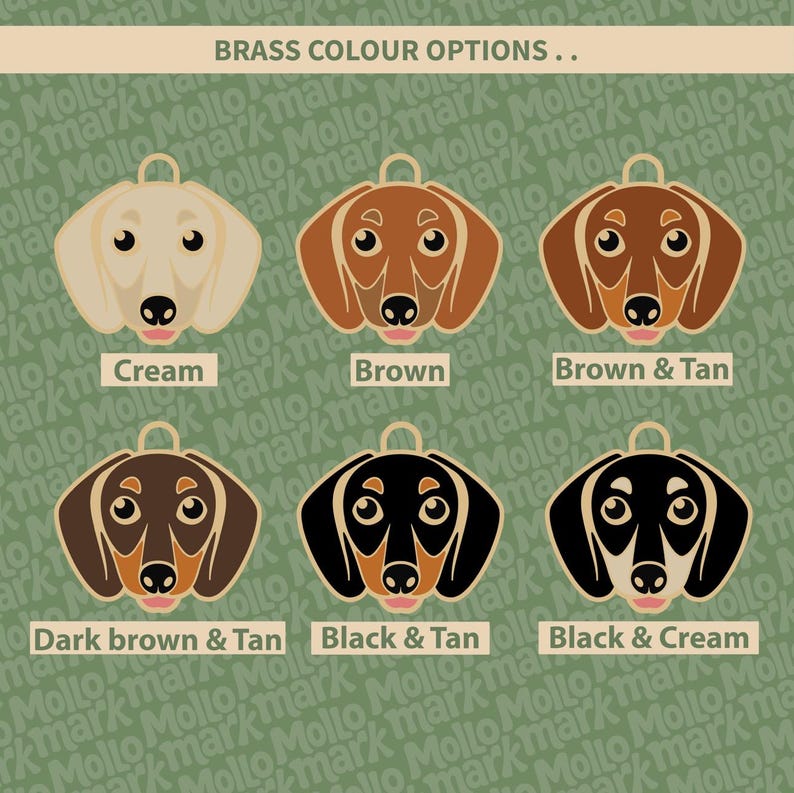 May include: A graphic featuring six dachshund dog head designs in various color combinations, including cream, brown, and black with tan accents. The text "BRASS COLOUR OPTIONS" is at the top, with color names below each dog.