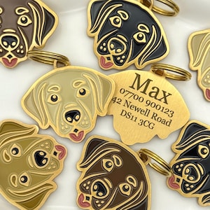 May include: A collection of metal dog tags shaped like Labrador retriever heads in black, brown, and yellow enamel. One yellow tag is flipped over to reveal the engraved text: Max, 07700 900123, 42 Newell Road, DS11 3CG. Each tag includes a gold metal ring.