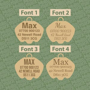May include: Four tan-colored pet tags with different fonts, each featuring the name "Max", a phone number, and an address. The tags have a rounded shape with a small loop at the top for attachment. The background is a green pattern.