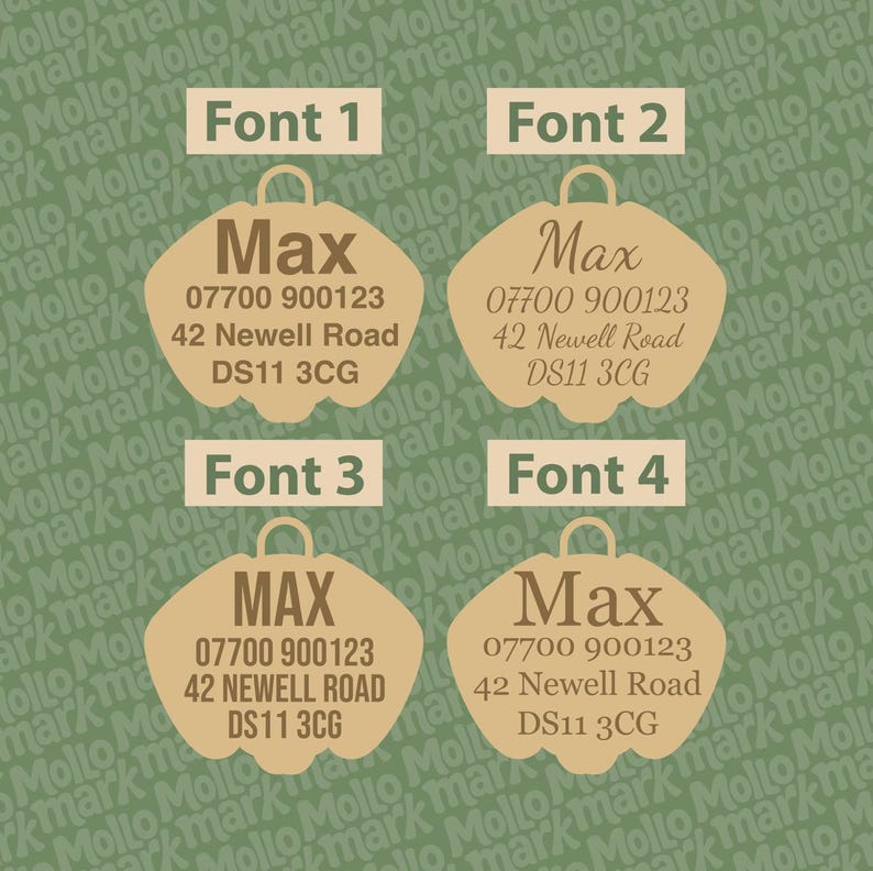 May include: Four tan-colored pet tags with different fonts, each featuring the name "Max", a phone number, and an address. The tags have a rounded shape with a small loop at the top for attachment. The background is a green pattern.