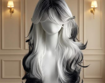White Black Ombre Wavy Wig, Long Fluffy Platinum Two Tone Hair with Bangs, Heat Resistant Gothic Lolita Cosplay Wig Women