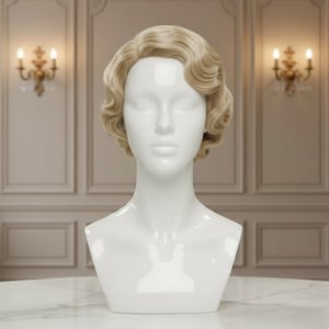 Op de afbeelding: Een witte mannequinhoofd en buste met een korte, golvende, lichtblonde pruik. De pruik heeft een zijscheiding en is gestyled in zachte golven. De buste staat op een witte marmeren tafel, met een neutrale achtergrond.
