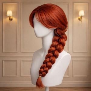 Puede incluir: Peluca rojo-naranja vibrante con una trenza larga y gruesa. La peluca se muestra sobre una cabeza y hombros de maniquí blancos. La trenza está asegurada con una banda dorada en el extremo. Ideal para cosplay o disfraces.