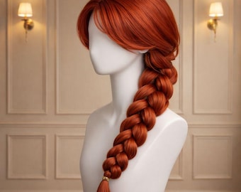 Reddish Brown Braided Cosplay Wig, Long Single Braid Princess Wig, Copper Red Synthetic Hair Halloween Costume Party Wig Women