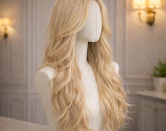 Long Blonde Wavy Wig with Face-Framing Highlights | 28 Inch Layered Synthetic Wig for Women | Natural Look Heat Resistant Hair