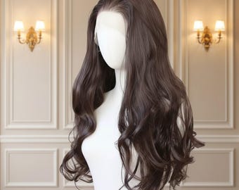 Dark Brown Lace Front Wig, 24 Inch Long Wavy Natural Hairline Synthetic Hair, 180% Density Center Part Everyday Glam Wig Women