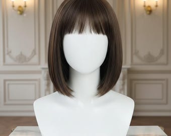 Short Brown Bob Wig with Bangs, Straight Dark Chocolate Shoulder Length Synthetic Hair, Natural Looking Everyday Wig Women