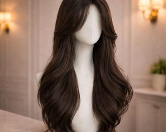 Long Dark Brown Wavy Wig with Curtain Bangs, Realistic Layered Brunette Synthetic Hair for Women, Voluminous Chocolate Style