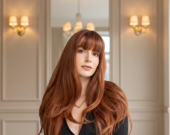 Ginger Wig with Bangs, Long Copper Brown Wig, Heat Resistant Hair