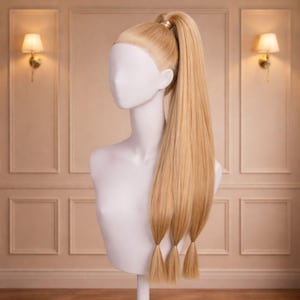 May include: A blonde ponytail wig displayed on a white mannequin head. The wig is styled with a high ponytail secured with a gold band, and the long hair is divided into three sections at the ends. The background features wall sconces and paneling.