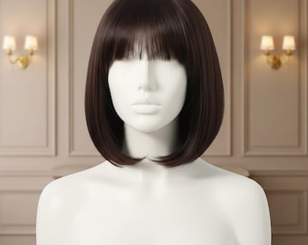Short Dark Brown Bob Wig with Bangs, Straight Classic Brunette Hairpiece for Women, Realistic Inverted Synthetic Costume Cosplay Wig