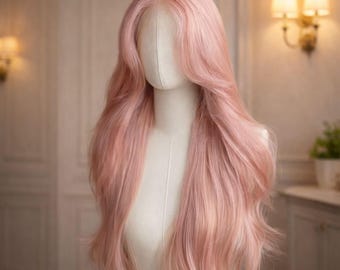 Long Pink Wavy Wig with Curtain Bangs, Realistic Pastel Grapefruit Hair for Women, Voluminous Layered Cosplay Synthetic Hairstyle