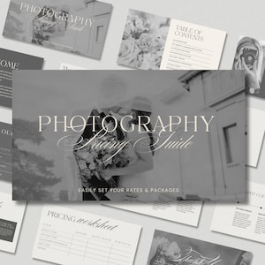 Puede incluir: Una colección de materiales impresos para un negocio de fotografía. La pieza central es una guía titulada "PHOTOGRAPHY Pricing Guide" con el lema "EASILY SET YOUR RATES & PACKAGES". Otros documentos incluyen una hoja de trabajo de precios y una tabla de contenido.