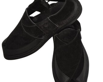 Handcrafted Peshawari Chappals, Black Suede and Leatherite Men's Sandals
