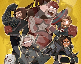 May include: A digital illustration of a group of superheroes, with a yellow background and the text "The New Avengers". The characters are in various action poses, with a mix of dark and bright colors.