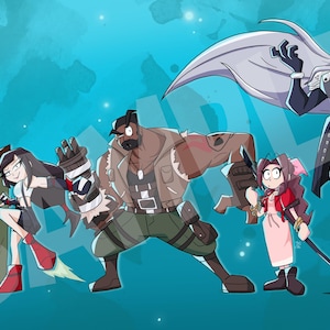 May include: A digital illustration featuring six stylized characters from a video game, set against a teal background. The characters are in dynamic poses, with a mix of action and determined expressions. The art style is cartoonish with bold outlines and vibrant colors.