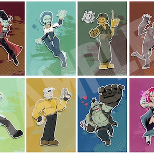 May include: Eight colorful illustrations of stylized characters, each set against a unique background. The characters include a Bride of Frankenstein, an astronaut, a soldier, a cat-like creature, a skeleton, a man with a gun, a monster, and a woman with a crown.
